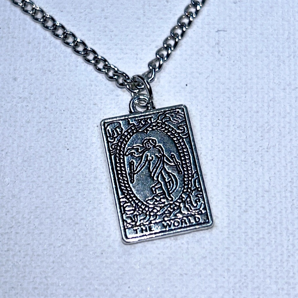 Handmade  “The World “ Tarot Card Pendant On Stainless Steel Chain Goth Celtic